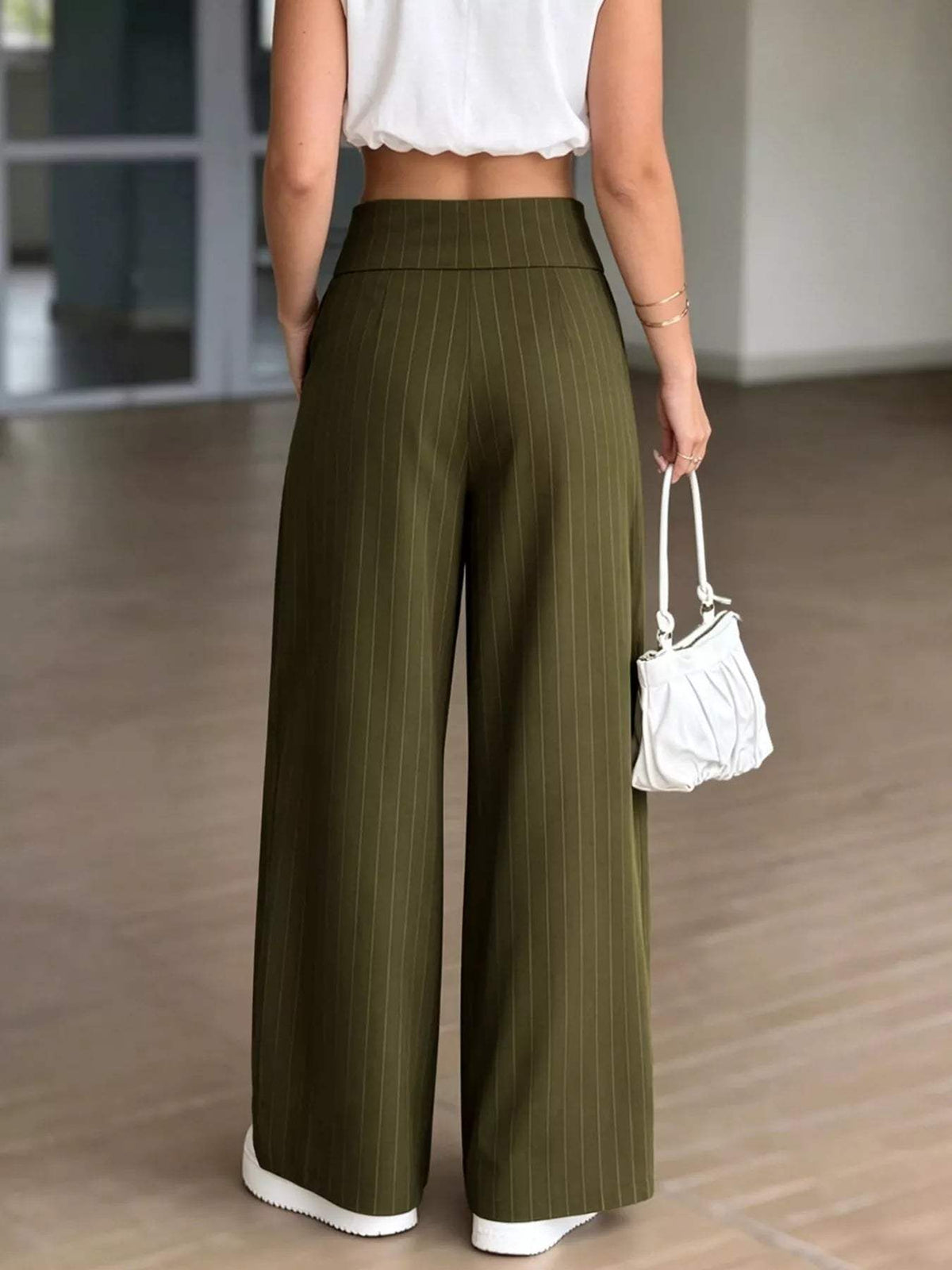 High-Waisted Wide-Leg Pinstripe Pants - Trendsi - Flyclothing LLC