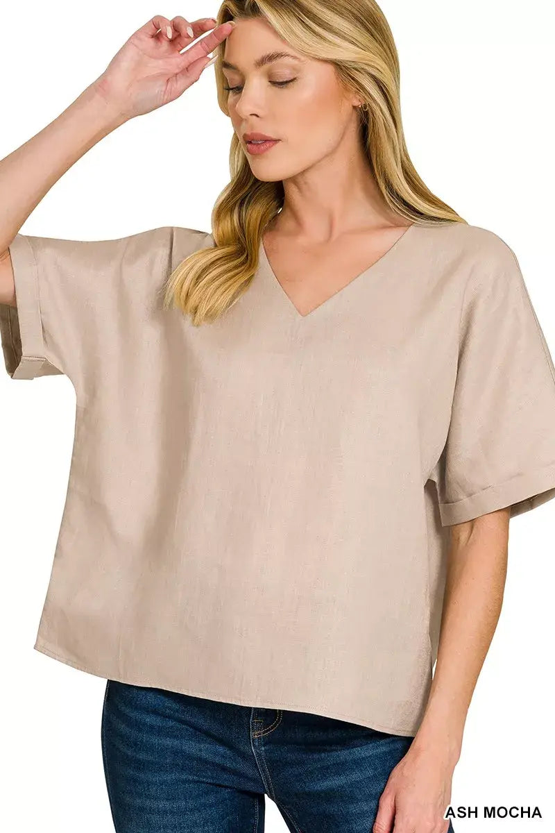 Zenana Linen V-Neck Cuffed Sleeve Top - Trendsi - Flyclothing LLC