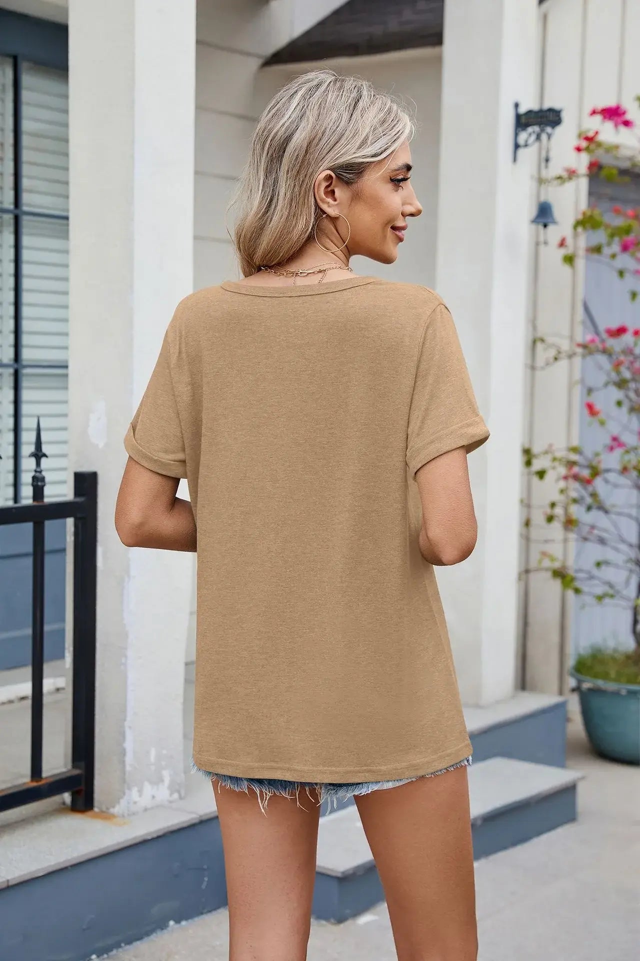 Florira Notched Short Sleeve T-Shirt - Trendsi - Flyclothing LLC