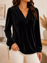 V-Neck Ruffle Trim Velvet Blouse - Trendsi - Flyclothing LLC