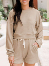 Ribbed Round Neck Long Sleeve Top and Shorts Set - Trendsi - Flyclothing LLC