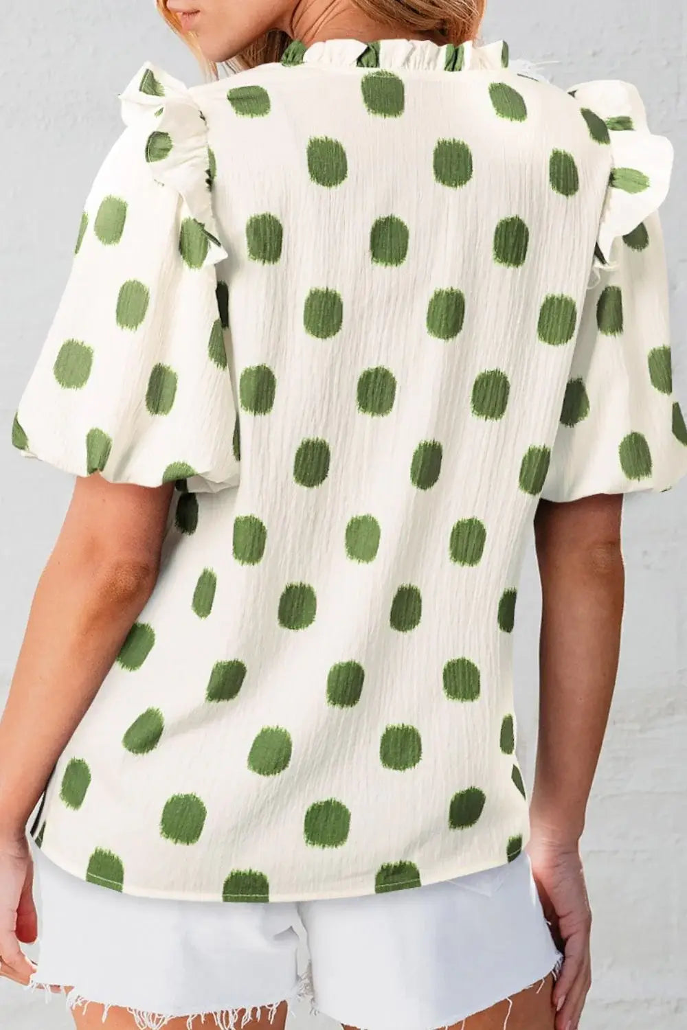 Polka Dot Shirred Yoke Notched Neck Puff Sleeve Blouse - Trendsi - Flyclothing LLC
