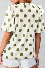 Polka Dot Shirred Yoke Notched Neck Puff Sleeve Blouse - Trendsi - Flyclothing LLC