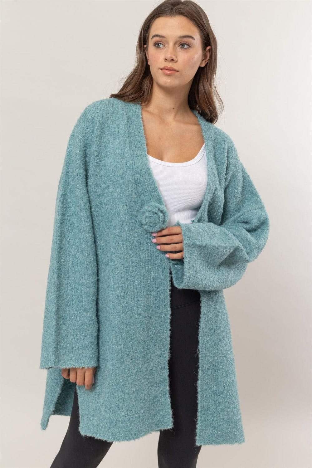HYFVE Front Rosette Longline Slit Sweater Cardigan - Trendsi - Flyclothing LLC