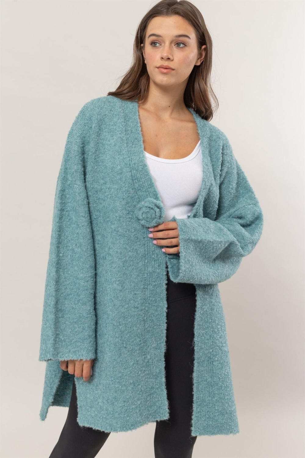 HYFVE Front Rosette Longline Slit Sweater Cardigan - Trendsi - Flyclothing LLC
