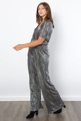 Be Stage Surplice Short Sleeve Pleated Foil Jumpsuit - Trendsi