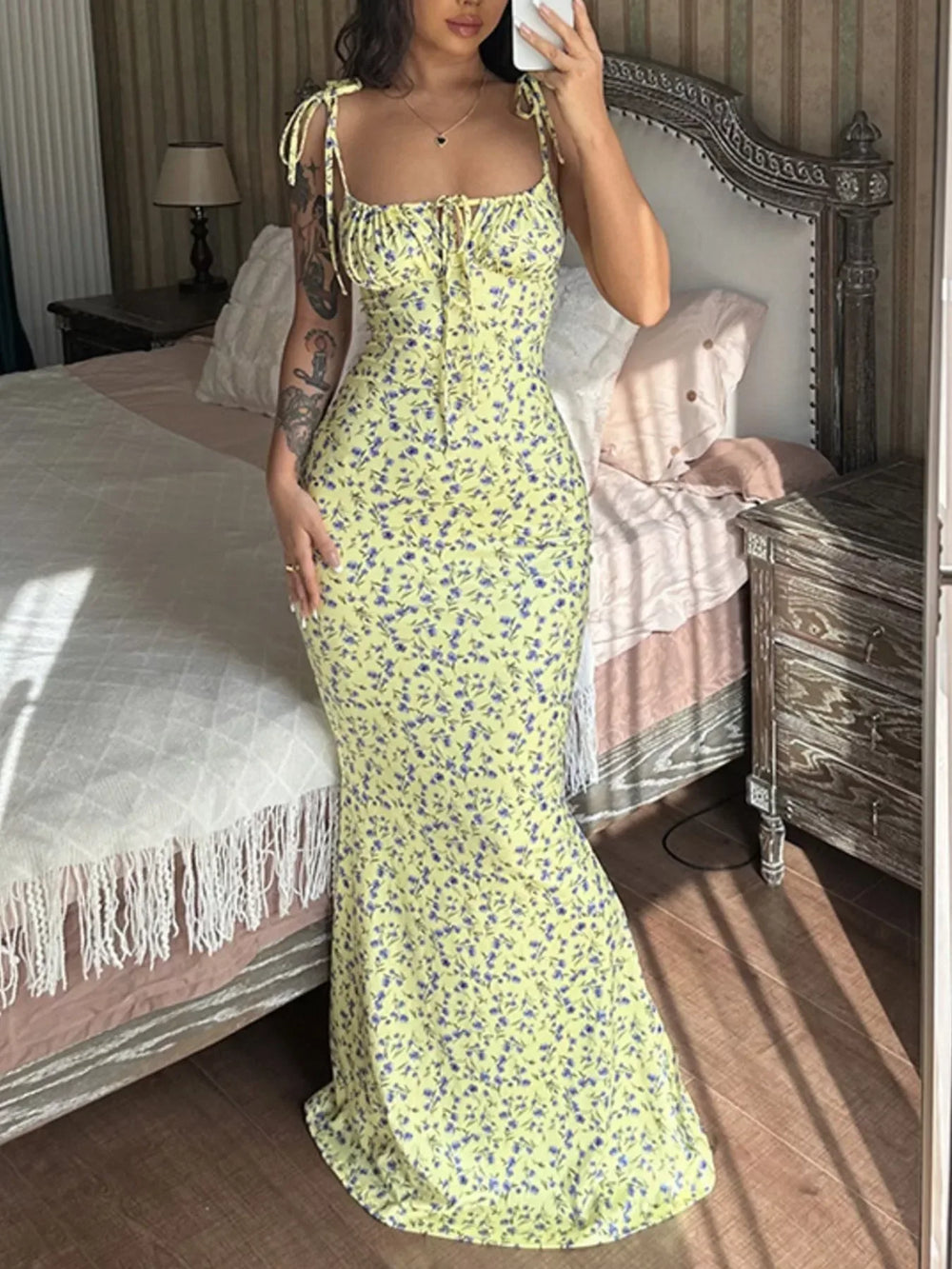 Floral Print Tie Strap Bodycon Maxi Dress - Trendsi - Flyclothing LLC