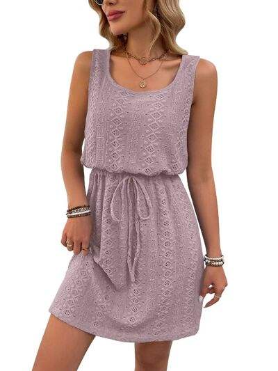 Eyelet Drawstring Round Neck Sleeveless Dress - Trendsi - Flyclothing LLC