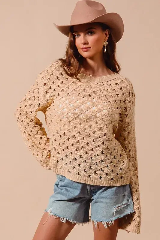 SO ME Geometric Pattern Open Knit Lightweight Sweater - Trendsi - Flyclothing LLC