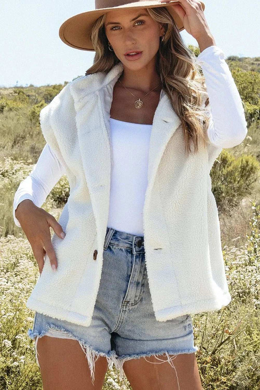 Fuzzy Mock Neck Button Up Vest Coat - Trendsi - Flyclothing LLC