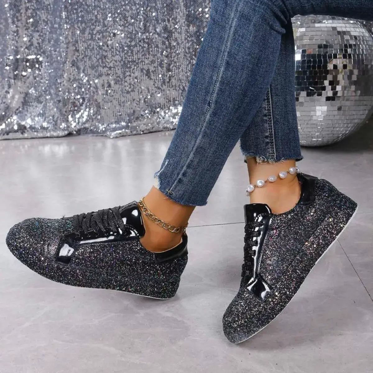Sparkling Lace Up Sneakers - Trendsi - Flyclothing LLC