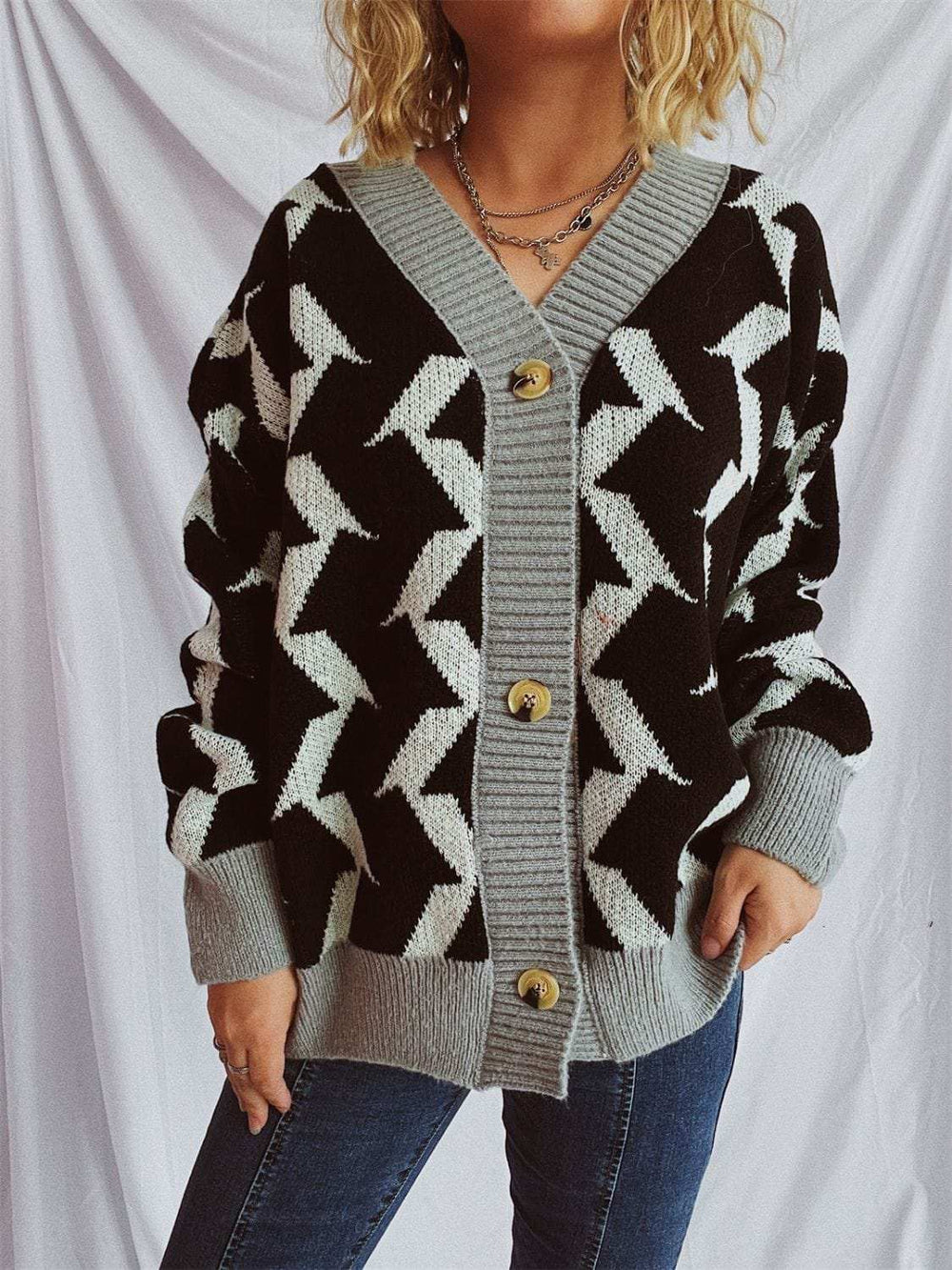 Contrast Trim Geometric V-Neck Long Sleeve Cardigan - Trendsi - Flyclothing LLC