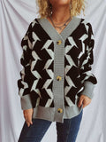Contrast Trim Geometric V-Neck Long Sleeve Cardigan - Trendsi - Flyclothing LLC