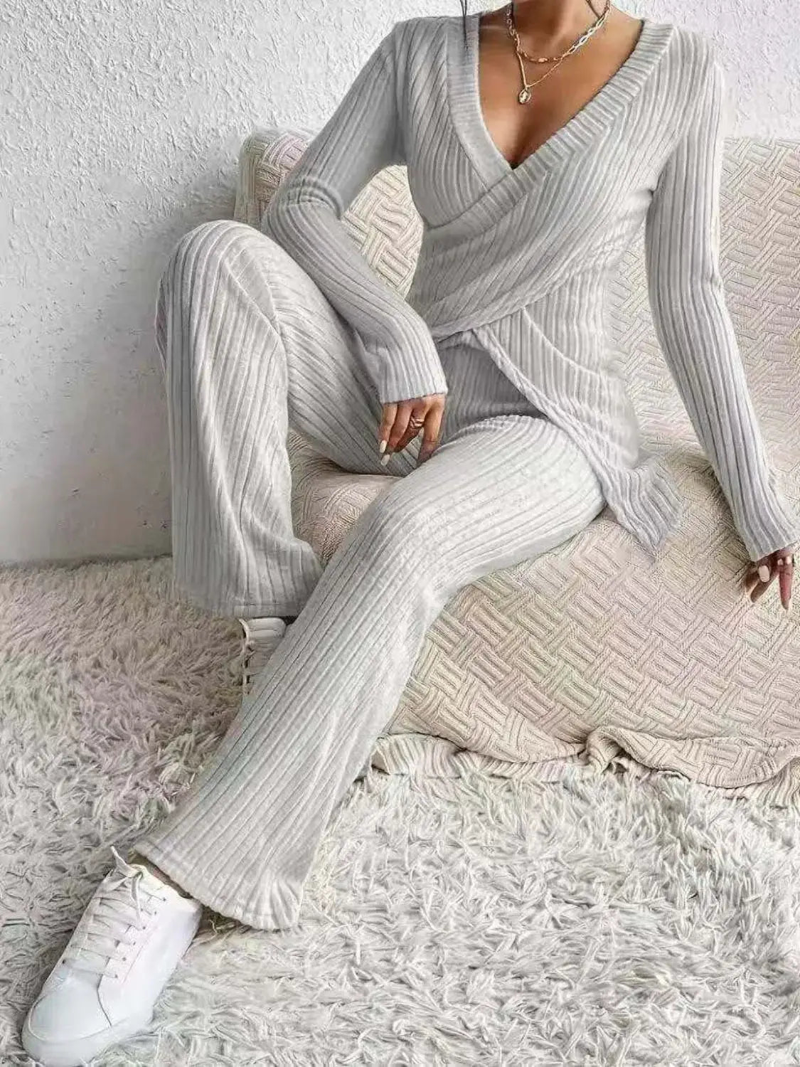 Surplice Long Sleeve Top and Pants Set - Trendsi - Flyclothing LLC