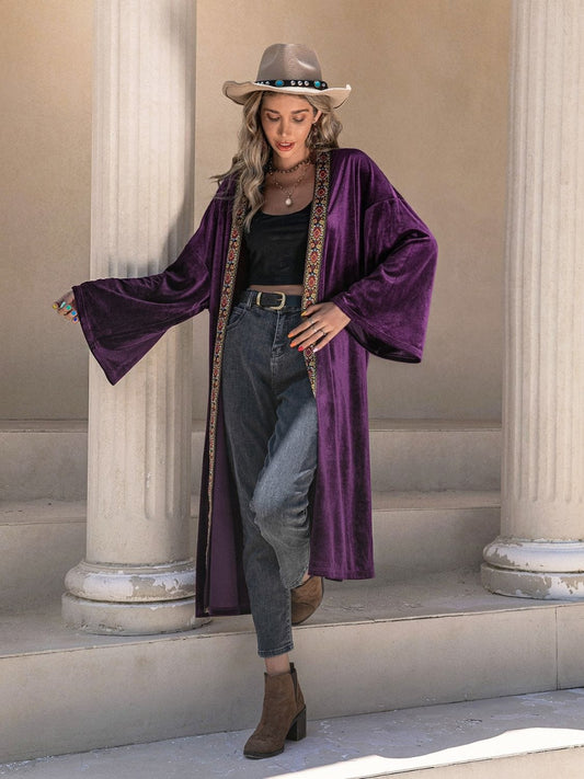Embroidered Open Front Long Sleeve Cardigan - Trendsi