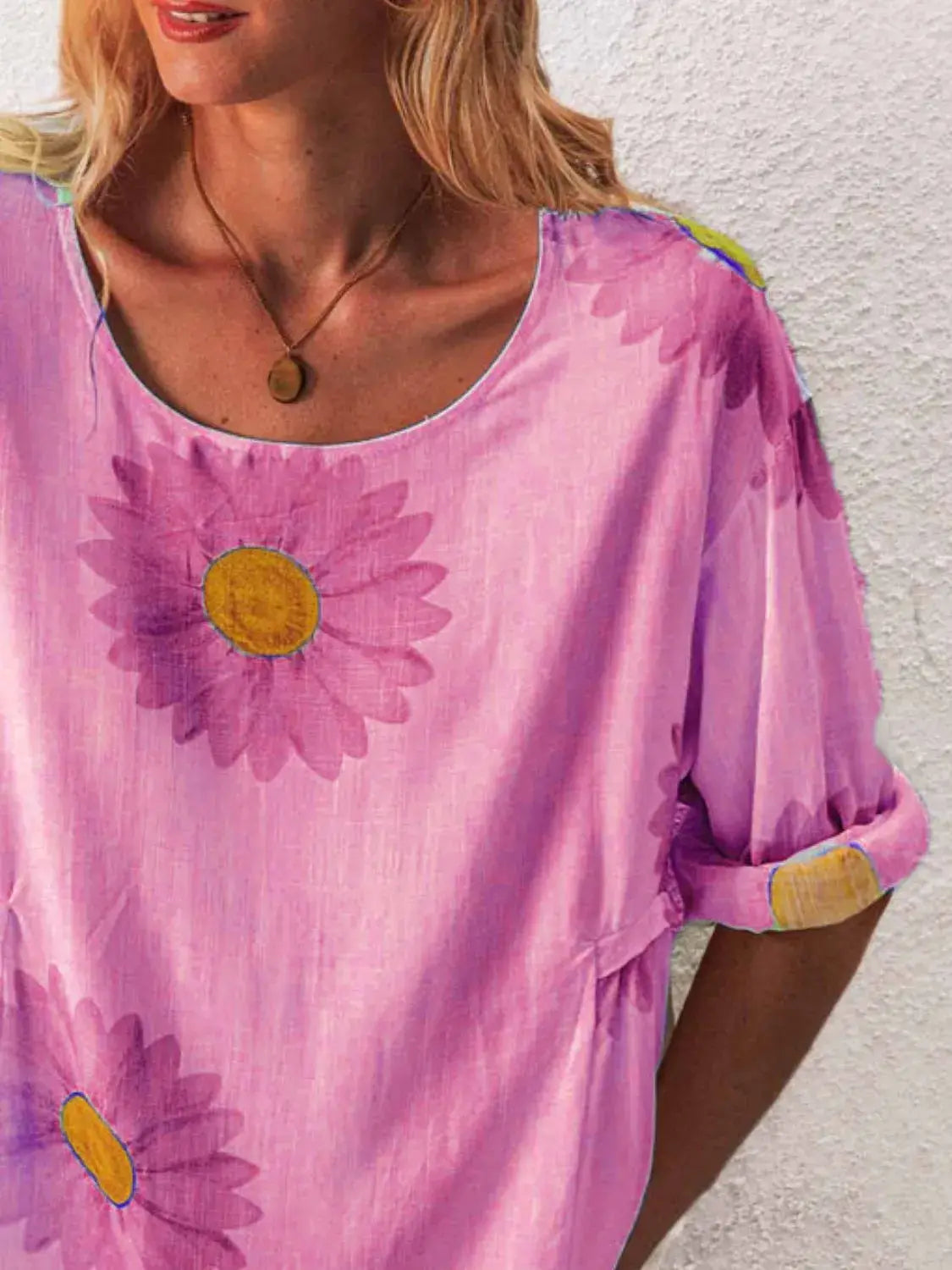 Full Size Flower Round Neck Half Sleeve T-Shirt Plus Size - Trendsi - Flyclothing LLC