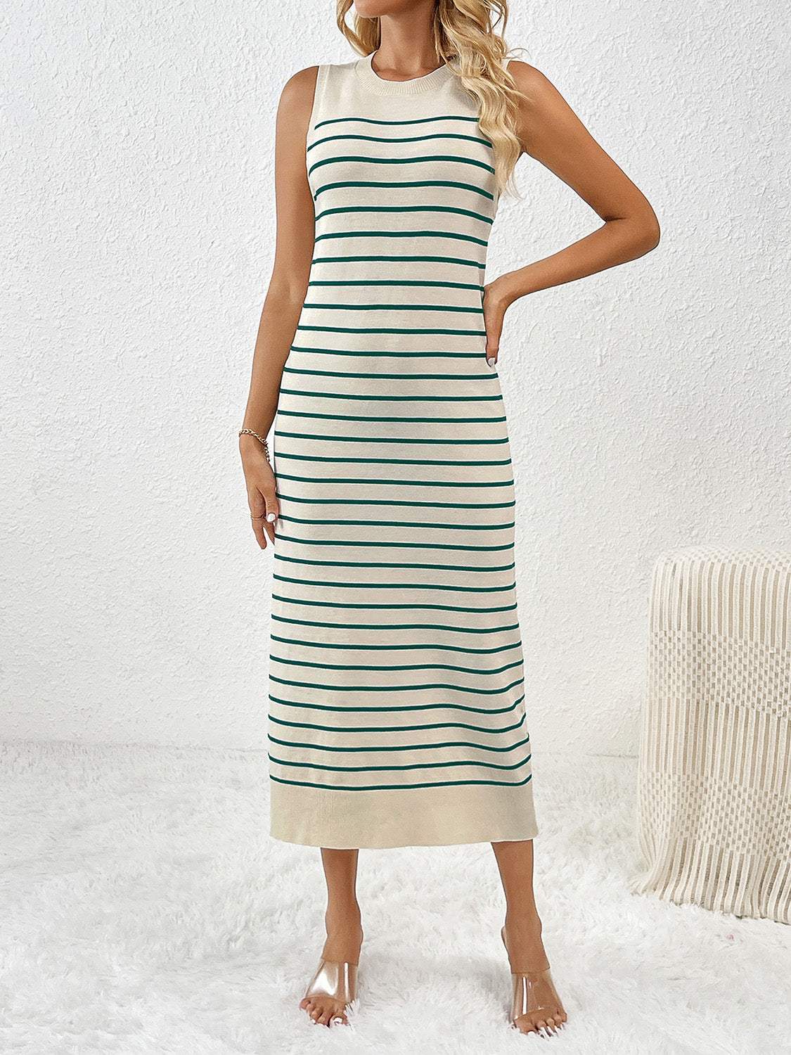 Round Neck Sleeve Midi Knit Dress - Trendsi - Flyclothing LLC