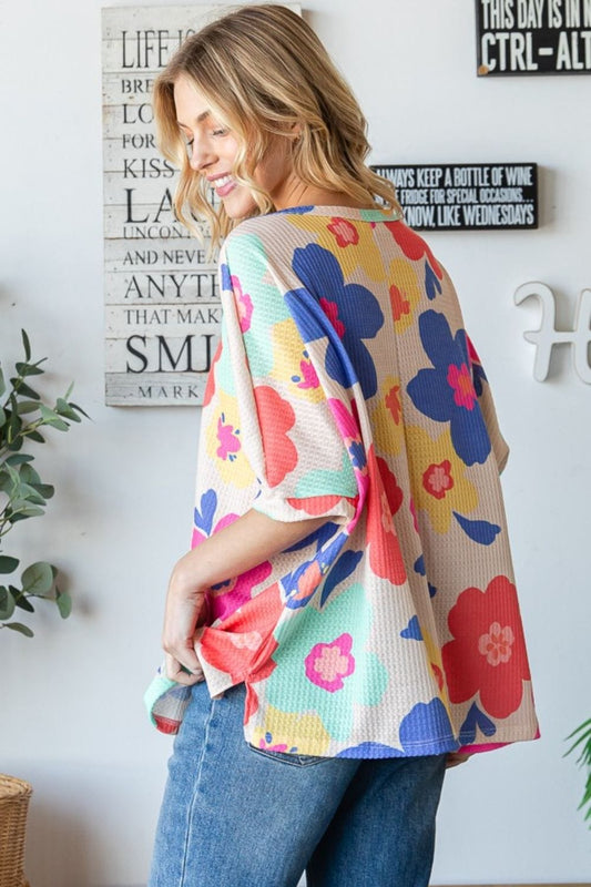 HOPELY Floral Waffle Oversize T-Shirt - Trendsi