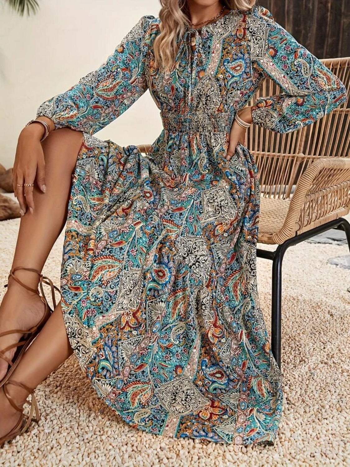 Printed Tie Neck Long Sleeve Maxi Dress - Trendsi - Flyclothing LLC