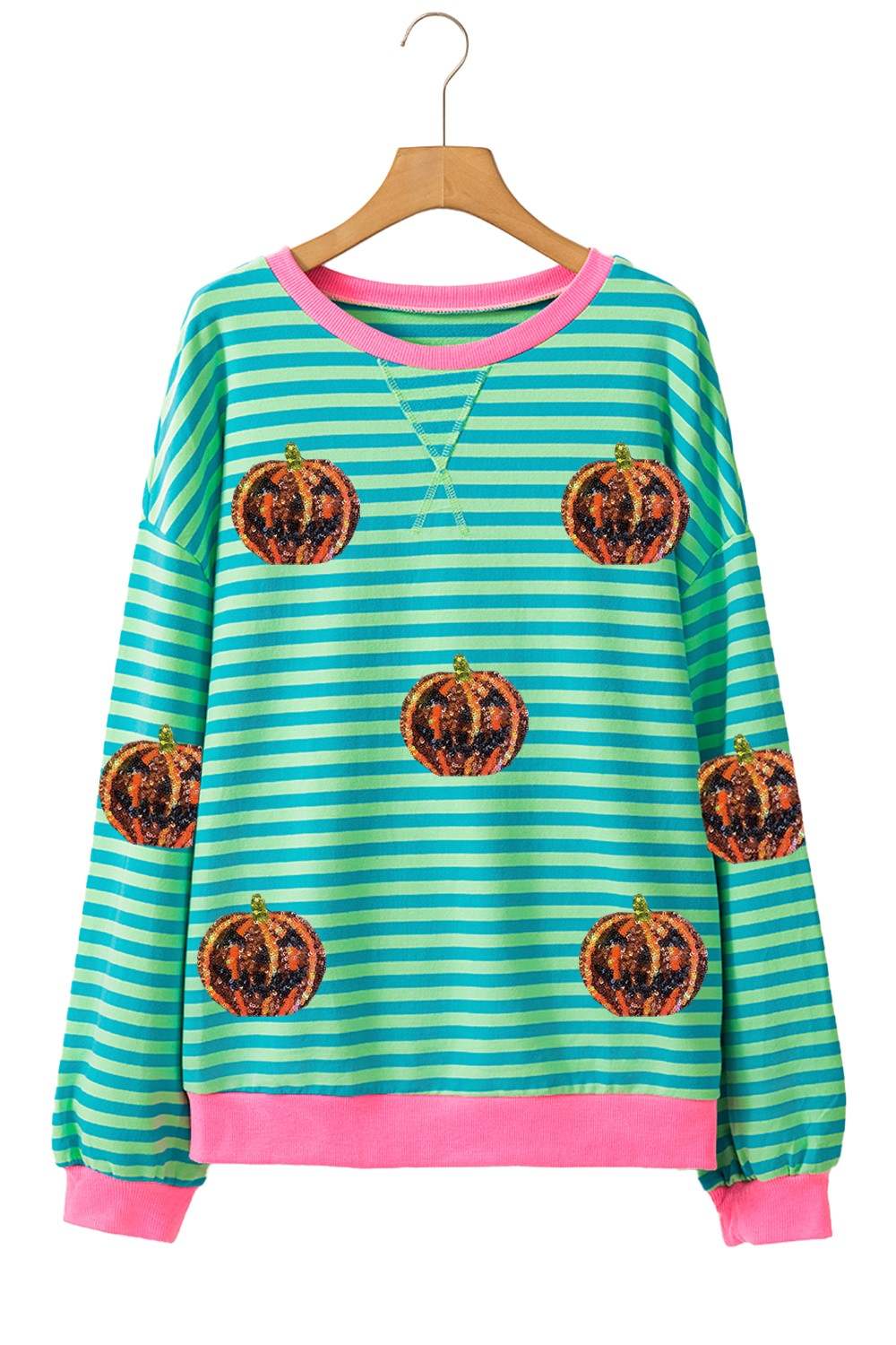 Pumpkin Striped Round Neck Long Sleeve Sweatshirt - Trendsi - Flyclothing LLC