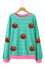 Pumpkin Striped Round Neck Long Sleeve Sweatshirt - Trendsi - Flyclothing LLC