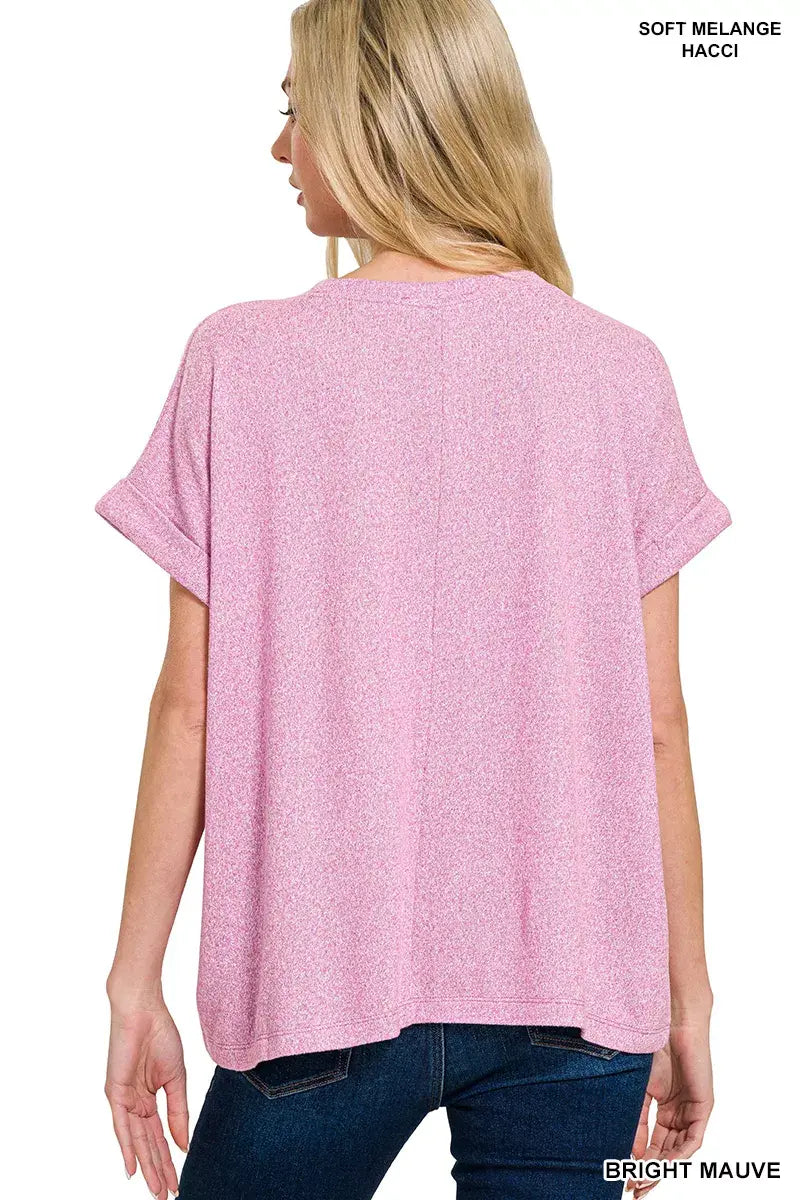 Zenana Soft Melange Hacci Short Sleeve Round Neck Top - Trendsi - Flyclothing LLC