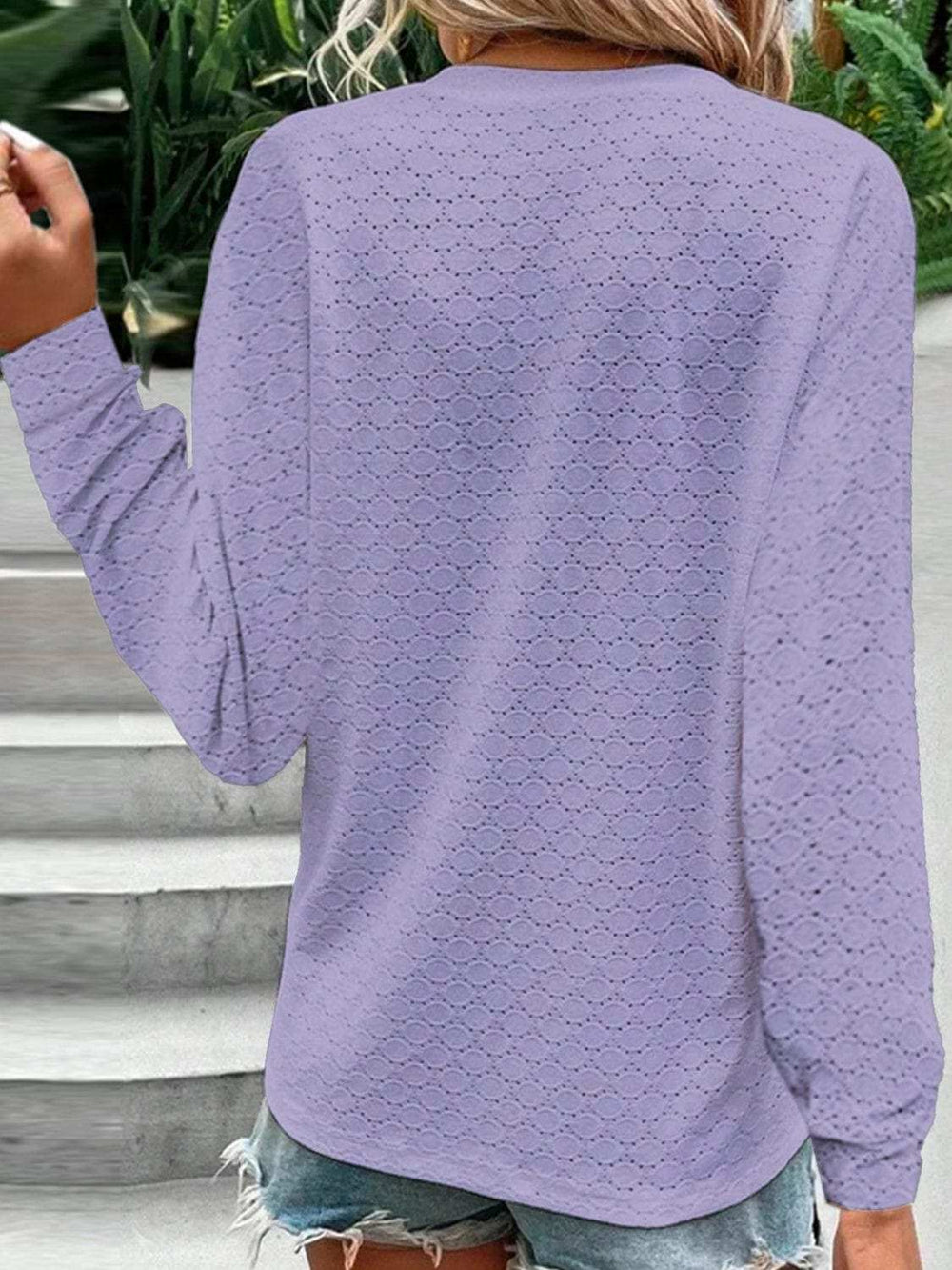 Eyelet Notched Long Sleeve T-Shirt - Trendsi - Flyclothing LLC