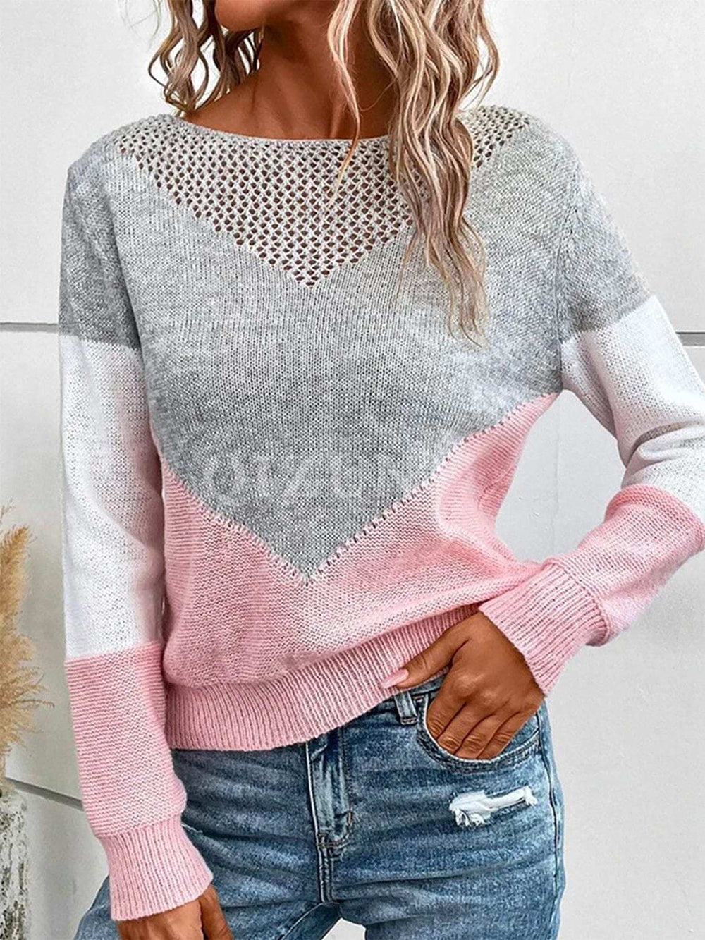 Openwork Contrast Round Neck Long Sleeve Knit Top - Trendsi - Flyclothing LLC