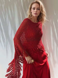 Tassel Boat Neck Knit Shawl - Trendsi - Flyclothing LLC