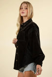 VERY J Mixed Media Button Down Raw Hem Shacket - Trendsi