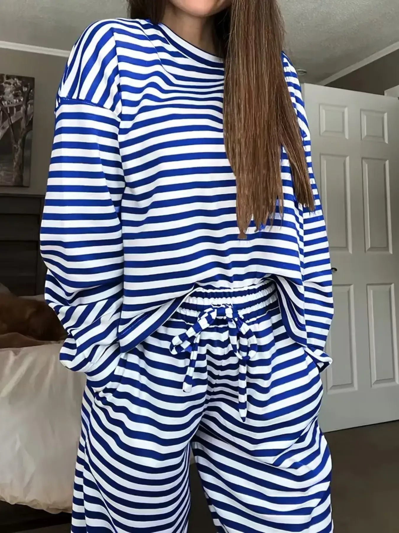 Striped Round Neck Top and Pants Set - Trendsi - Flyclothing LLC