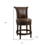 25" Dark Brown Faux Leather And Solid Wood Swivel Counter Height Bar Chair - Homeroots - Flyclothing LLC