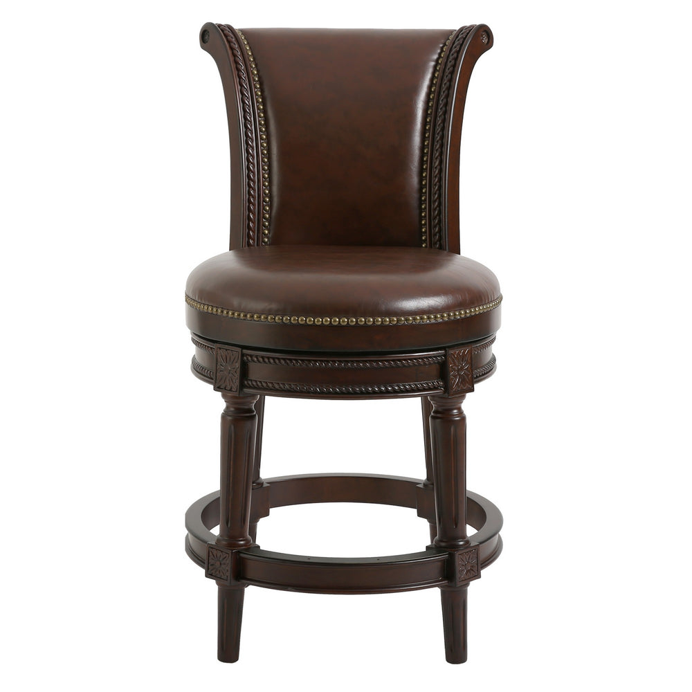 25" Dark Brown Faux Leather And Solid Wood Swivel Counter Height Bar Chair - Homeroots - Flyclothing LLC