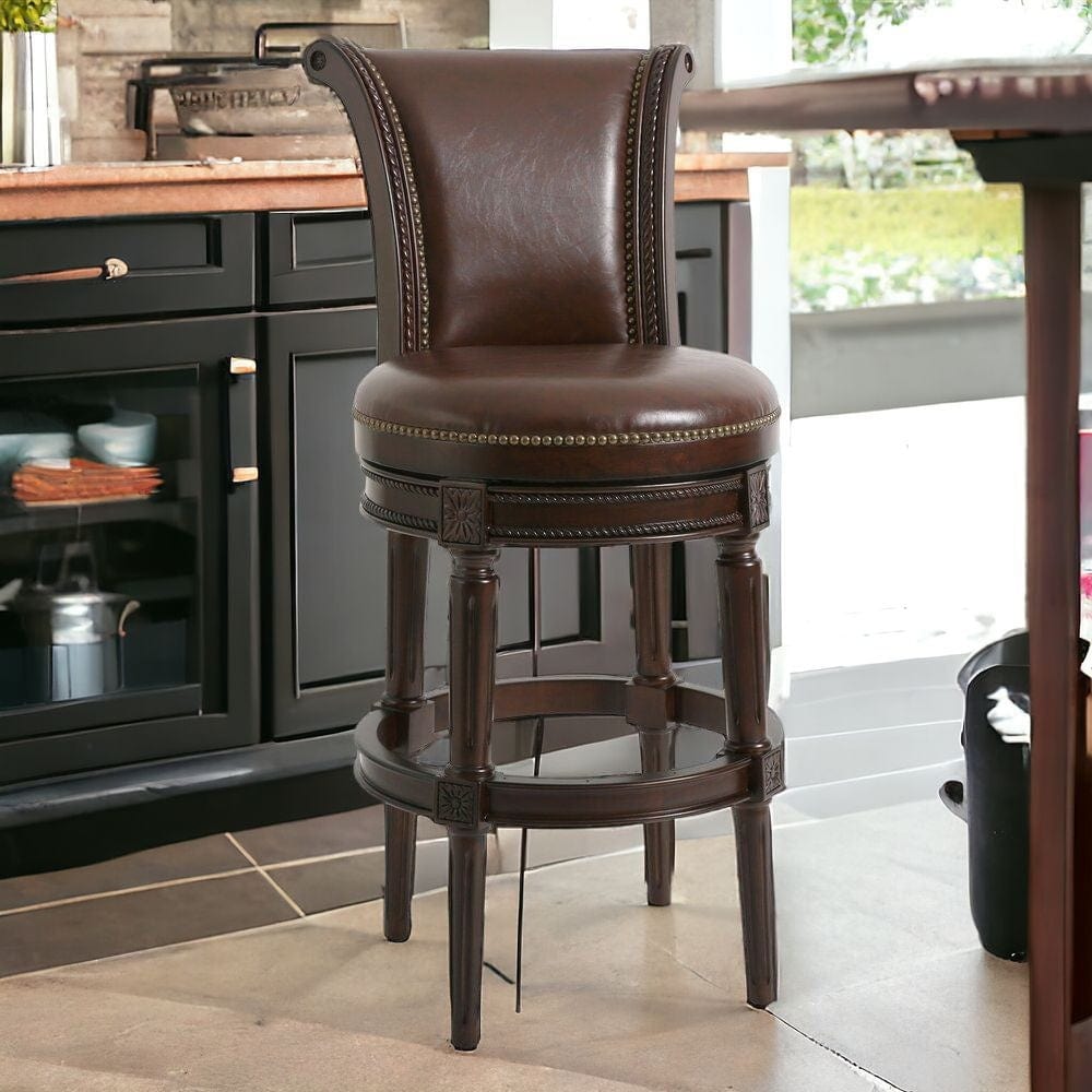 25" Walnut And Dark Brown Solid Wood Swivel Bar Height Bar Chair - Homeroots - Flyclothing LLC
