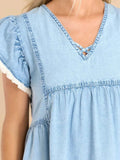 Ruffled Raw Hem Cap Sleeve V-Neck Denim Dress - Trendsi