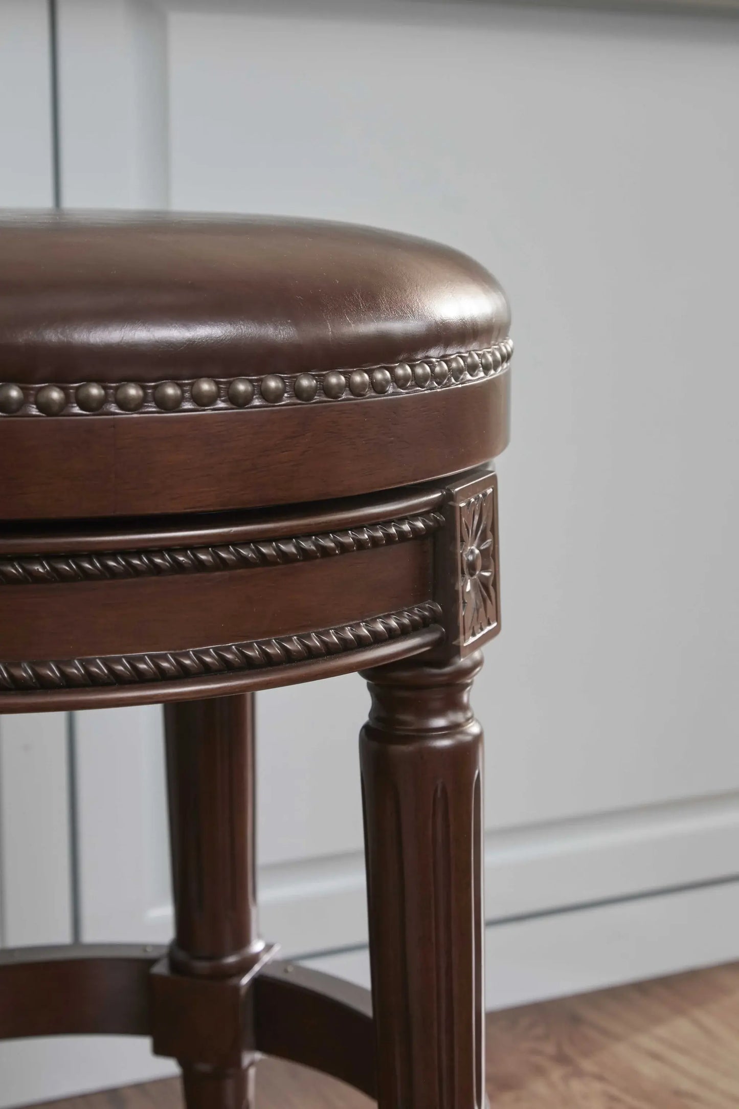 26" Dark Brown And Wood Brown Faux Leather Swivel Backless Counter Height Bar Chair - Homeroots - Flyclothing LLC
