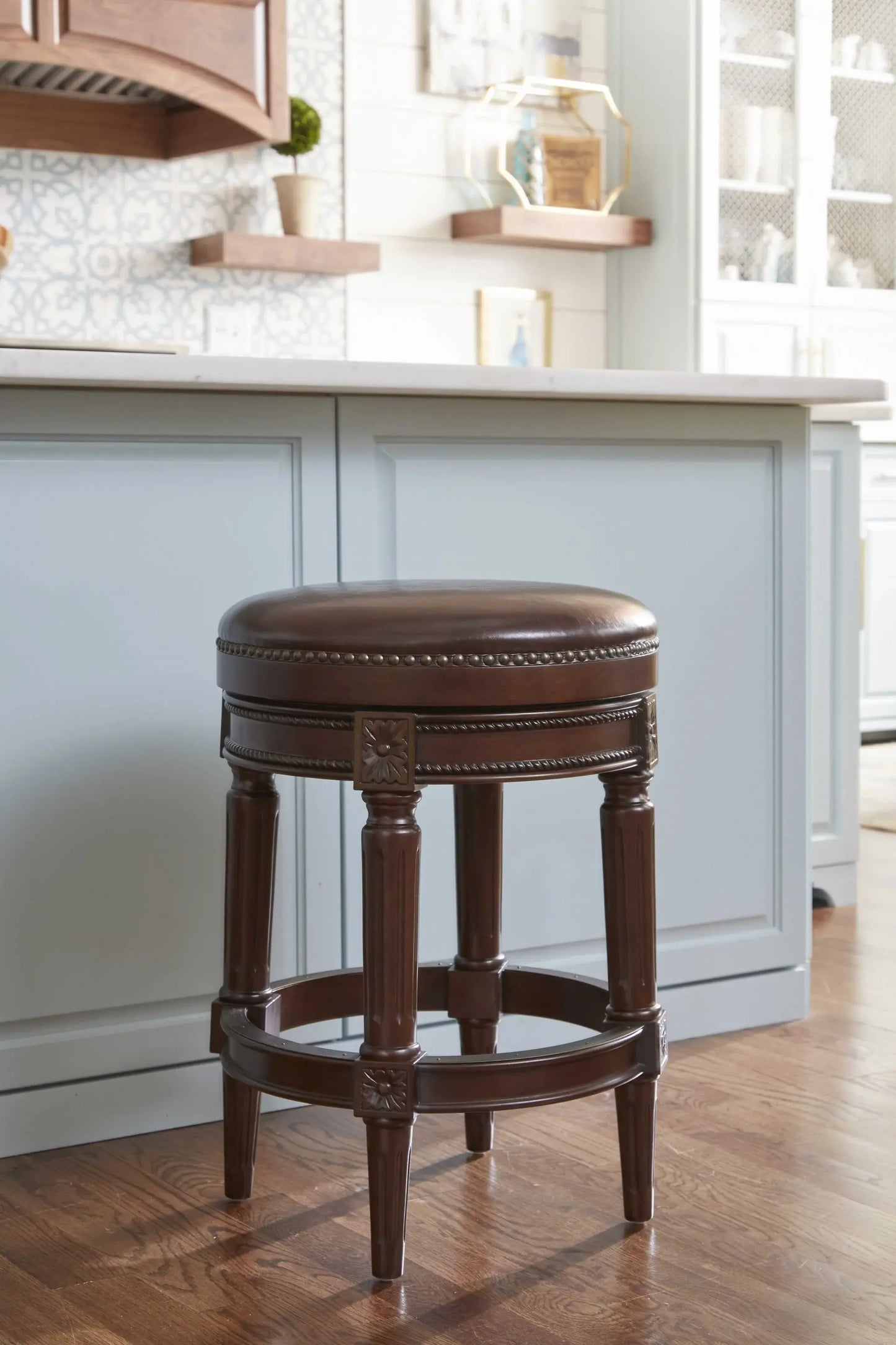 26" Dark Brown And Wood Brown Faux Leather Swivel Backless Counter Height Bar Chair - Homeroots - Flyclothing LLC