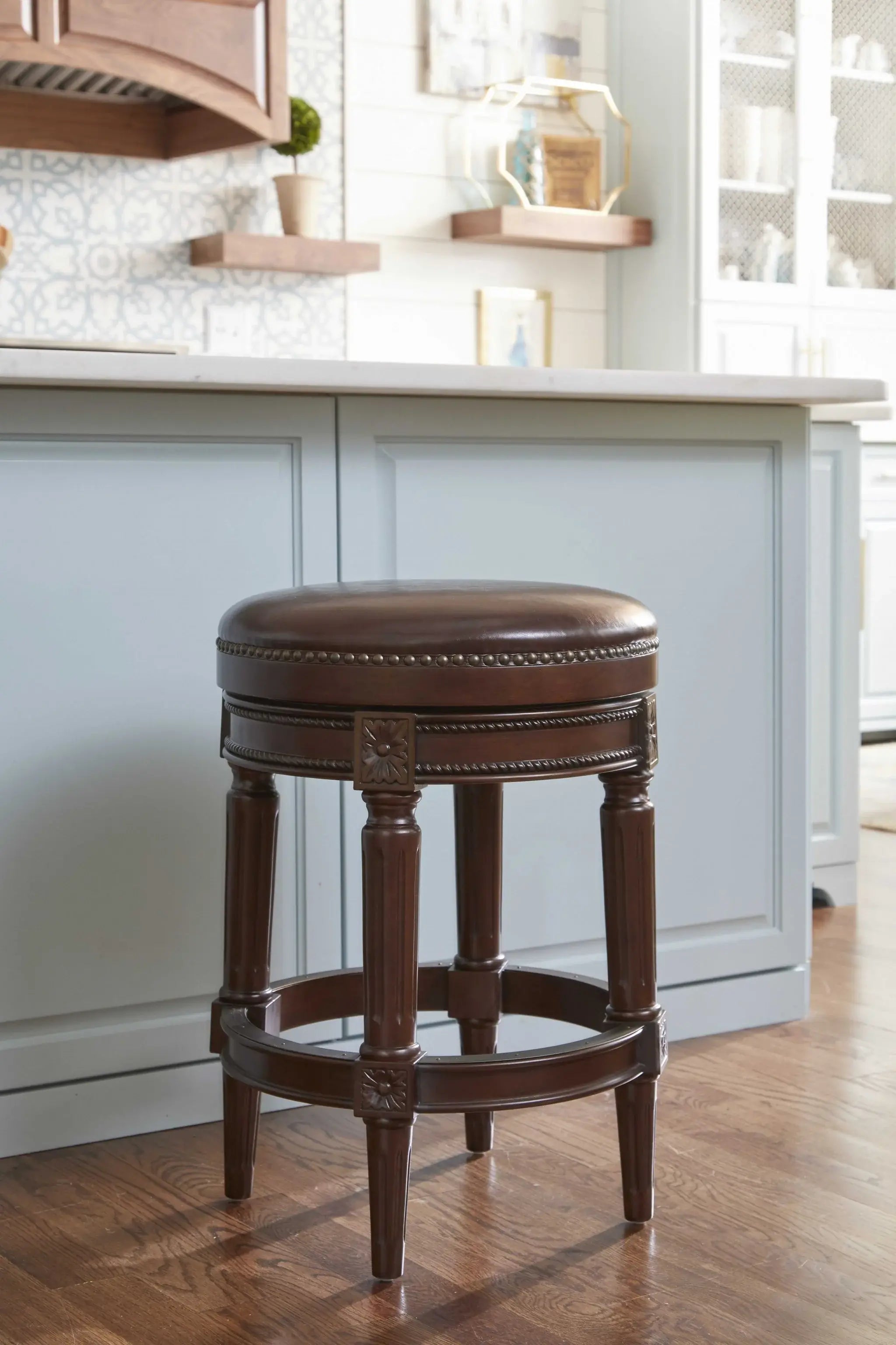 26" Dark Brown And Wood Brown Faux Leather Swivel Backless Counter Height Bar Chair - Homeroots - Flyclothing LLC