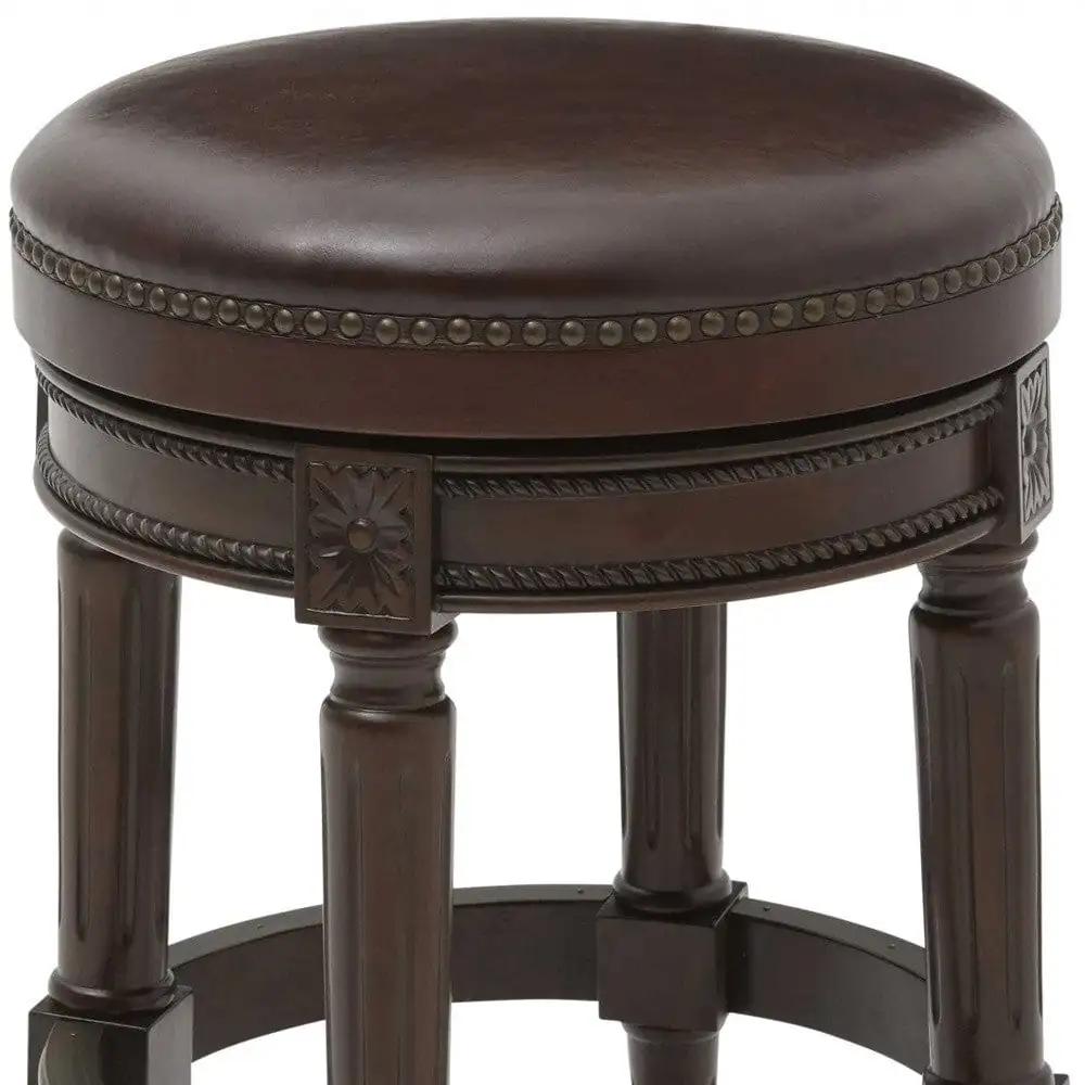 26" Dark Brown And Wood Brown Faux Leather Swivel Backless Counter Height Bar Chair - Homeroots - Flyclothing LLC