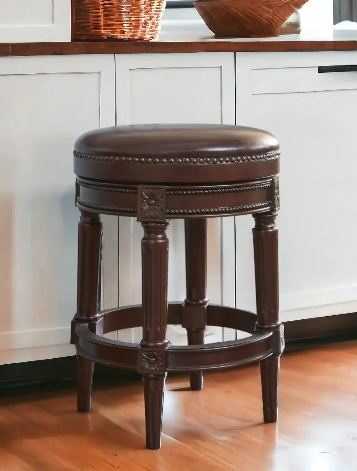 26" Dark Brown And Wood Brown Faux Leather Swivel Backless Counter Height Bar Chair - Homeroots - Flyclothing LLC
