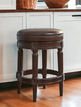 26" Dark Brown And Wood Brown Faux Leather Swivel Backless Counter Height Bar Chair - Homeroots - Flyclothing LLC