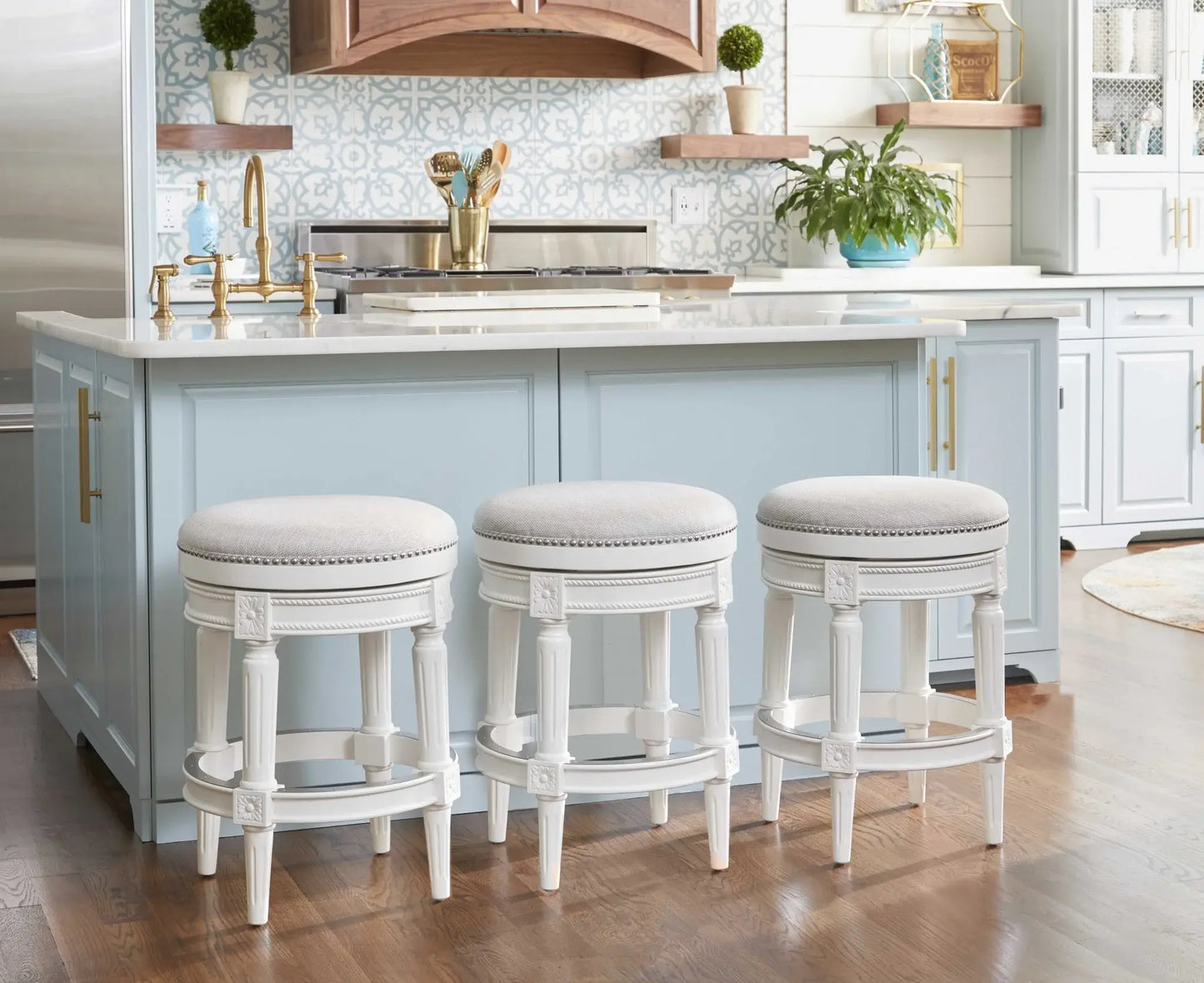 26" White Fabric And Solid Wood Swivel Backless Counter Height Bar Chair - Homeroots - Flyclothing LLC
