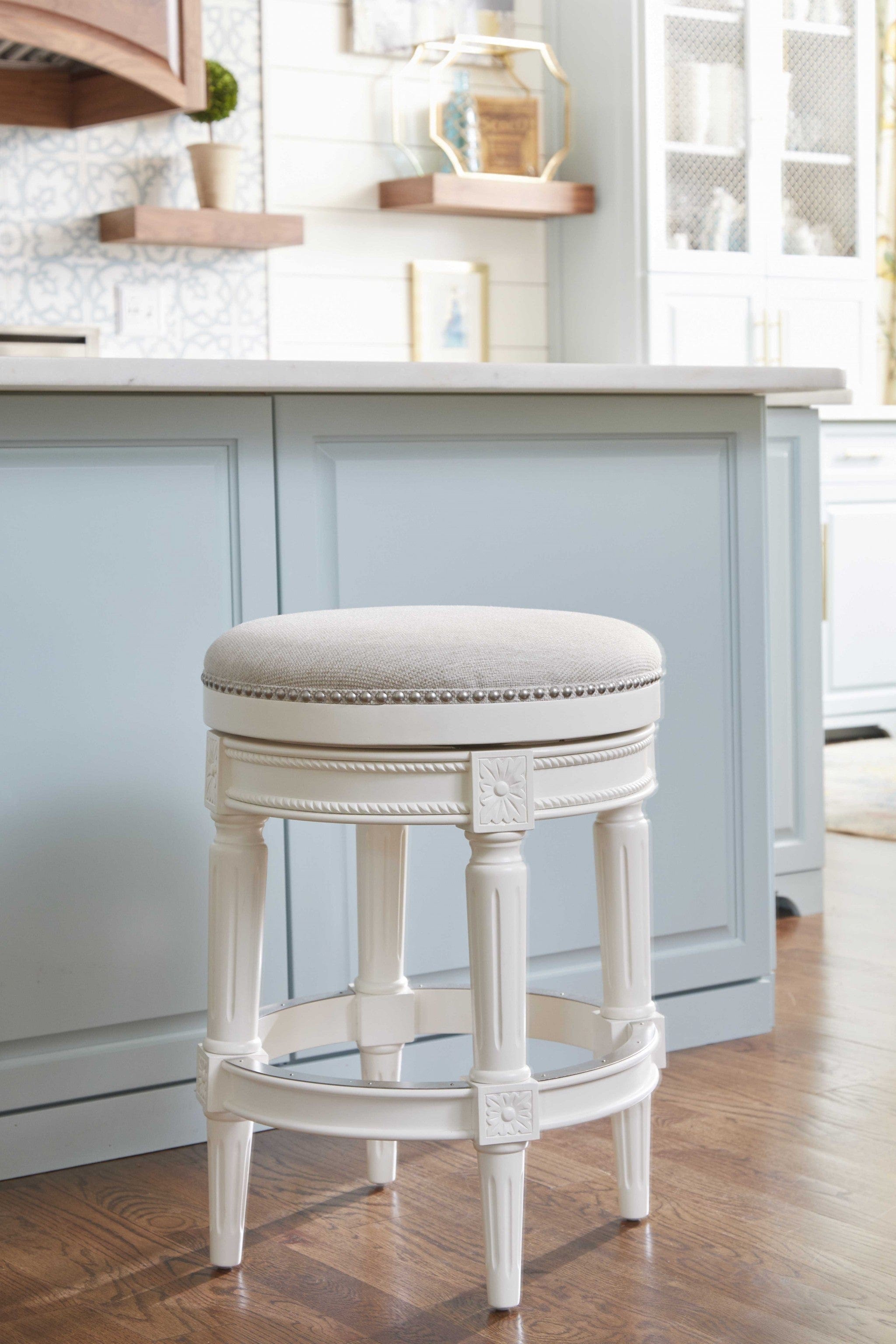 26" White Fabric And Solid Wood Swivel Backless Counter Height Bar Chair - Homeroots - Flyclothing LLC
