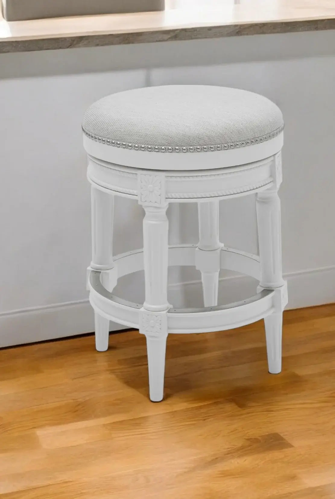 26" White Fabric And Solid Wood Swivel Backless Counter Height Bar Chair - Homeroots - Flyclothing LLC
