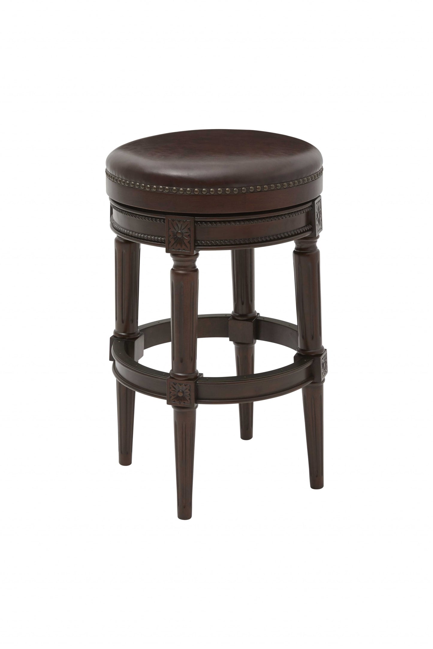 31" Wood Brown Faux Leather And Solid Wood Swivel Backless Counter Height Bar Chair - Homeroots - Flyclothing LLC