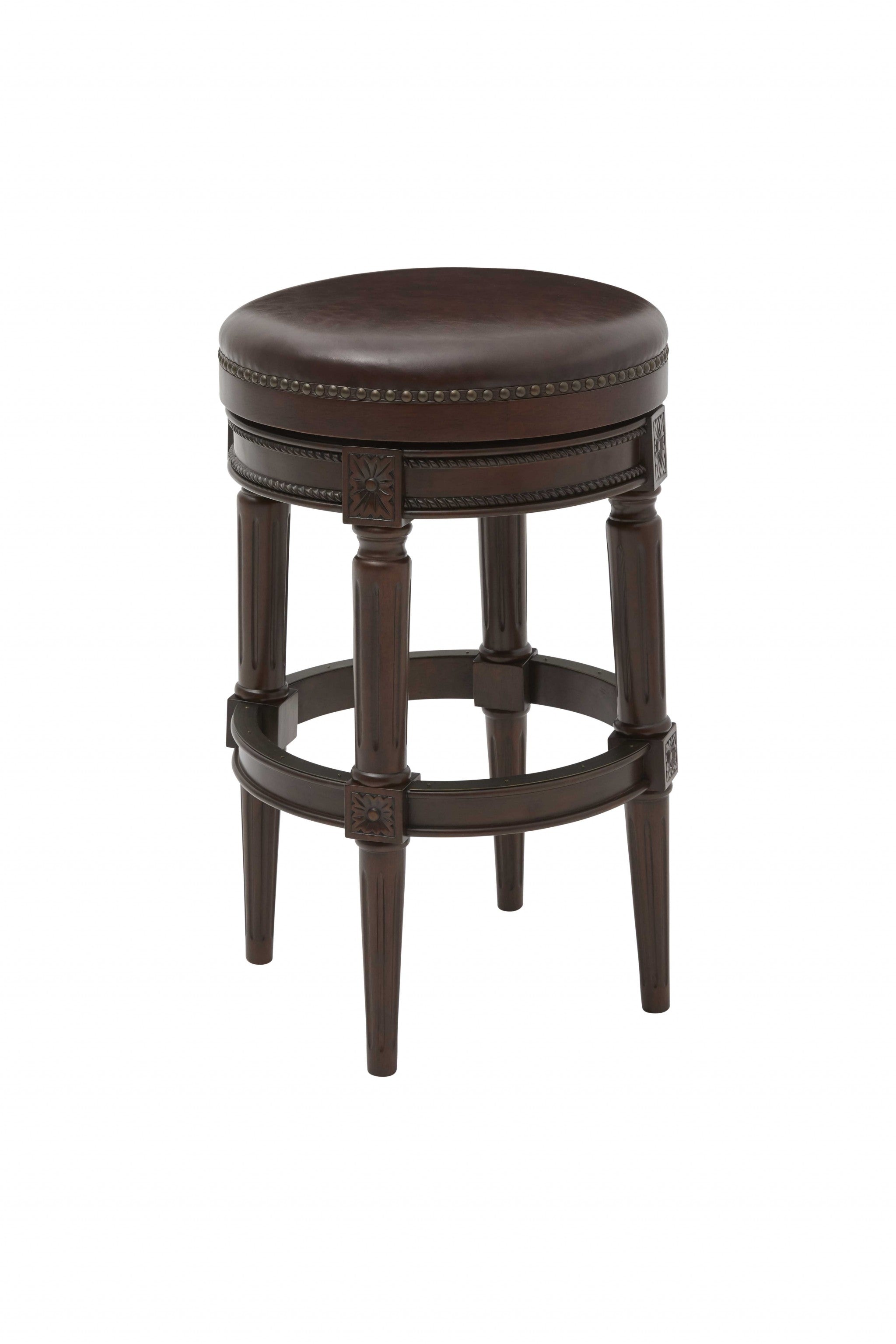 31" Wood Brown Faux Leather And Solid Wood Swivel Backless Counter Height Bar Chair - Homeroots - Flyclothing LLC