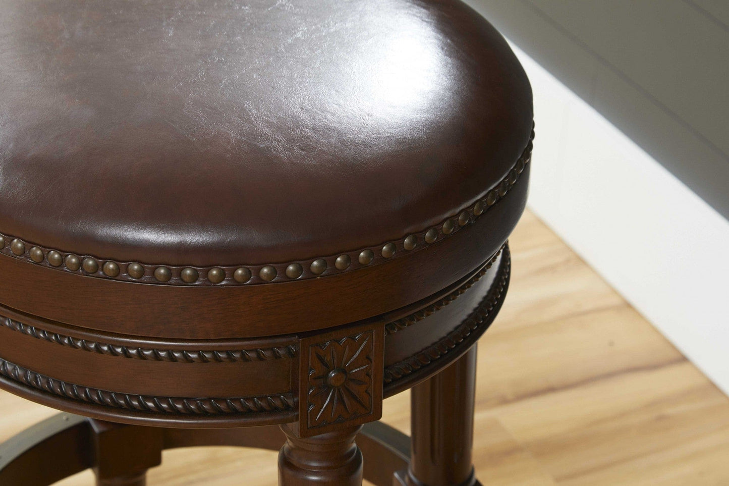 31" Wood Brown Faux Leather And Solid Wood Swivel Backless Counter Height Bar Chair - Homeroots - Flyclothing LLC