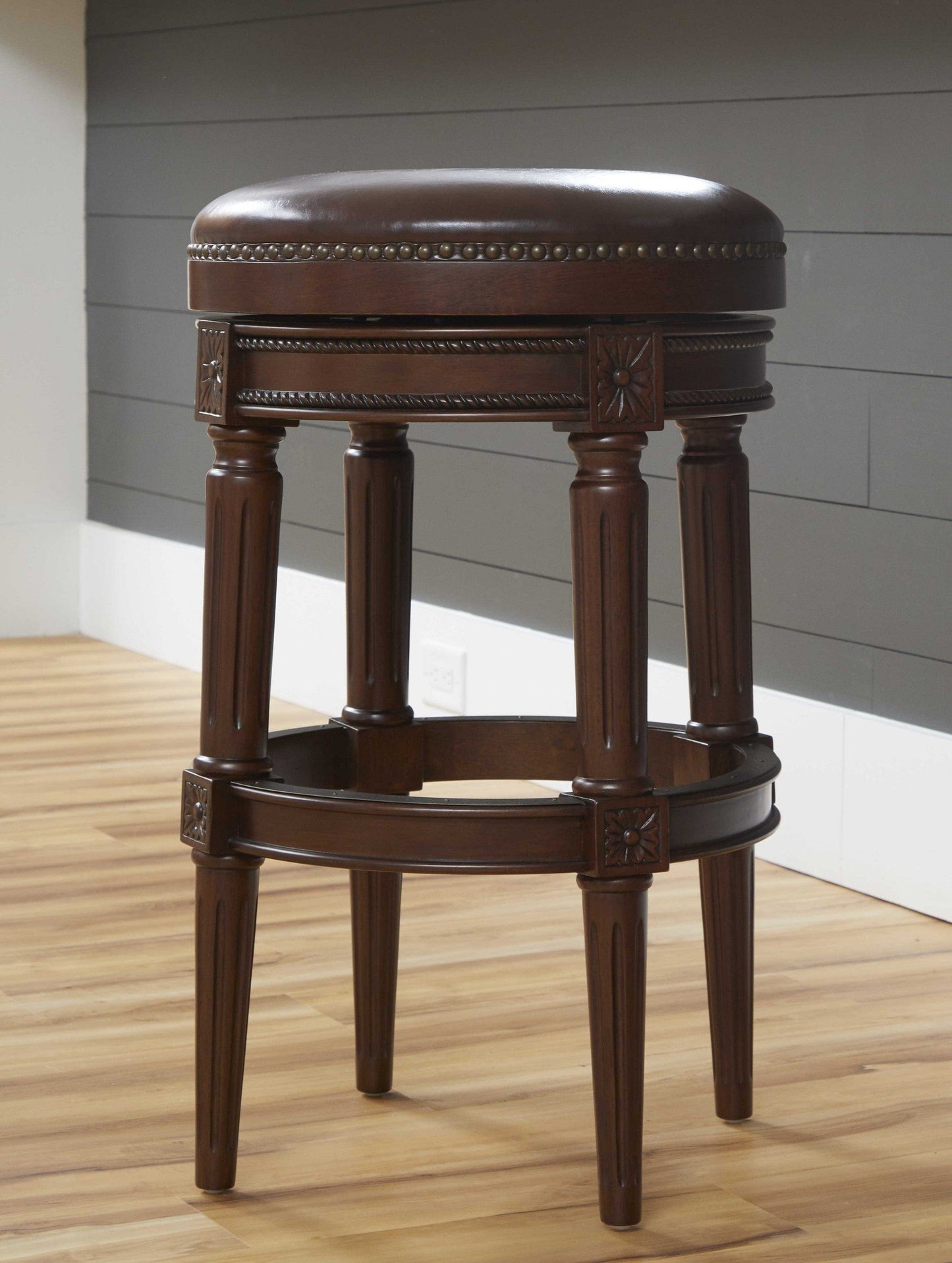 31" Wood Brown Faux Leather And Solid Wood Swivel Backless Counter Height Bar Chair - Homeroots - Flyclothing LLC