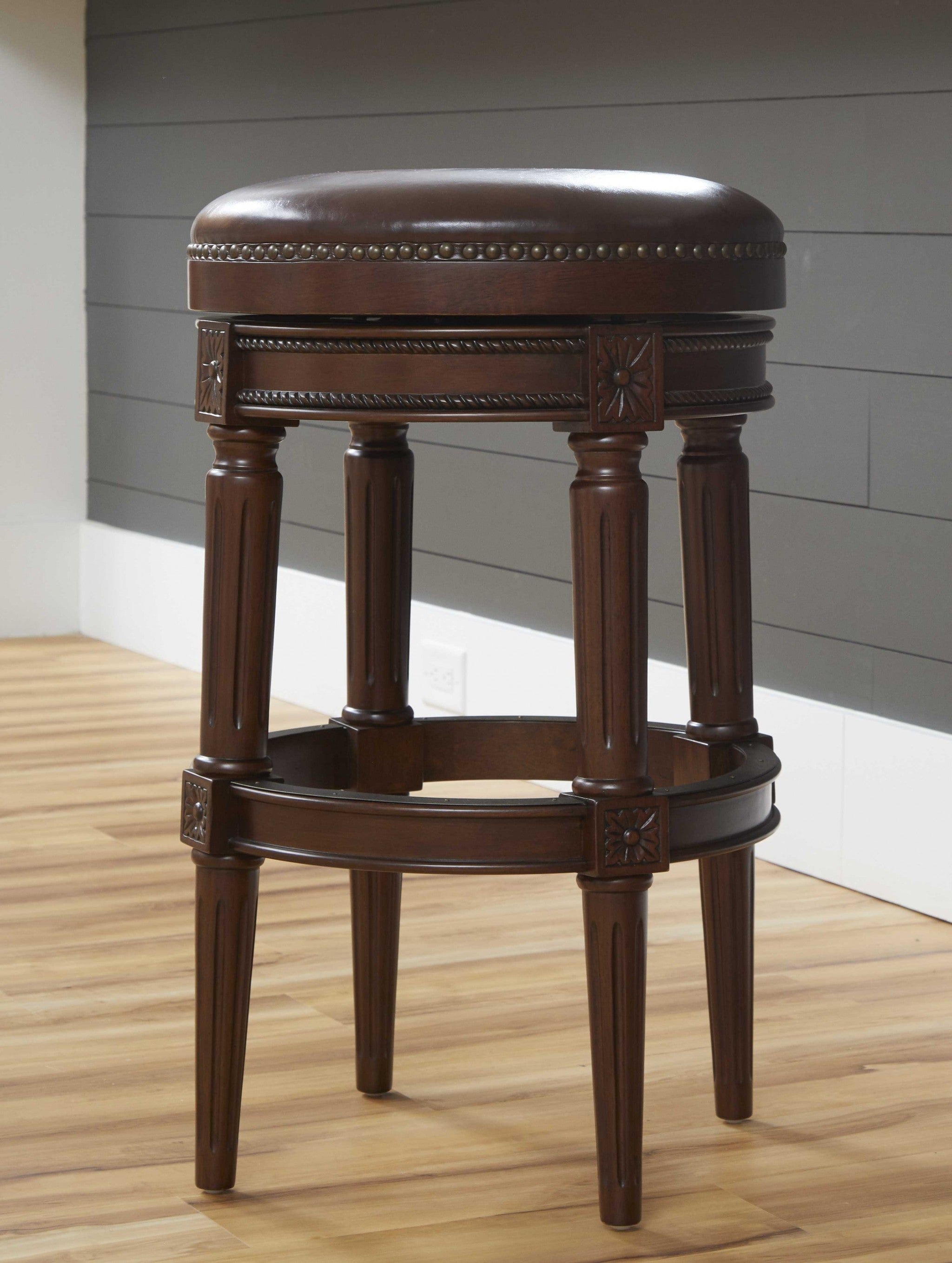 31" Wood Brown Faux Leather And Solid Wood Swivel Backless Counter Height Bar Chair - Homeroots - Flyclothing LLC