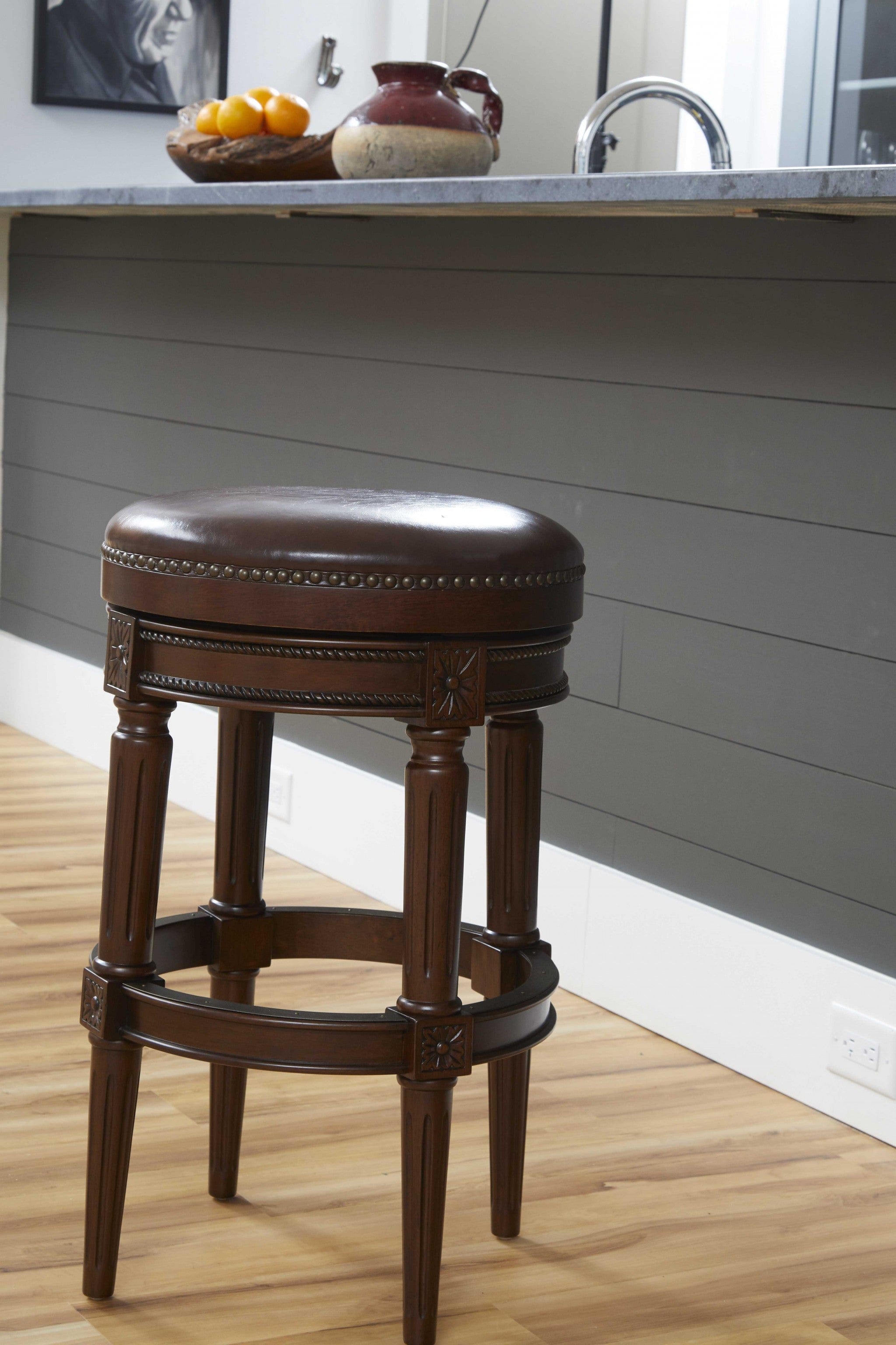 31" Wood Brown Faux Leather And Solid Wood Swivel Backless Counter Height Bar Chair - Homeroots - Flyclothing LLC